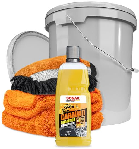 autopflege Wohnmobil Reiniger Set | Sonax Caravan Shampoo 1l + Waschhandschuh + Trockentuch + 16l Wascheimer mit Deckel | Wohnmobilreiniger Caravanreiniger Wohnwagenreiniger