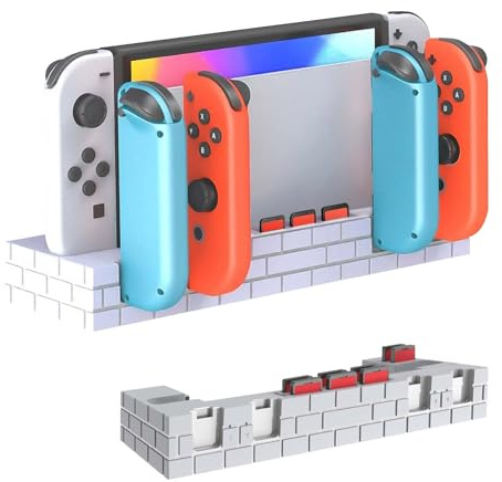 AriKroii Chargeur pour Compatible avec Joy Con pour Switch/OLED Model avec Fente pour Carte de Jeu, 4 en 1 Support de Station de Charge pour Manettes avec LED Indicateur(Blanc)