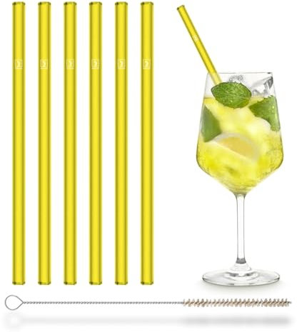 Halm Yellow NEON Glass Straws 6 Pieces 20 cm 6 Drinking Tubes + Plastic-Free Cleaning Brush - Dishwasher Safe - Sustainable - Glass Sippers Blacklight Party