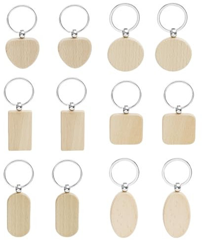 Megcdtr Schlüsselanhänger Holz, 12 Stück DIY Holz Schlüsselanhänger, Wooden Keychain Schlüsselring, Holz Schlüsselanhänger Blanko für Malerei Basteln Dekorieren(6 Stile)