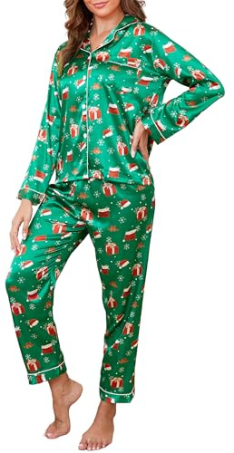 Reliwel Pigiama Donna Estivo Pigiami da Donna Due Pezzi a Maniche Lunghe Pantaloni in Raso Morbidissimo Scollo V Aperto Davanti con Bottoni e Borse Laterali