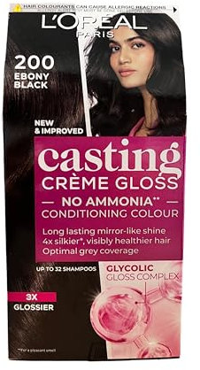 Oréal Paris Casting Cream Gloss Hair Dye, libre de amonia-Free and Silicone-Free Nourishing Intensive Hair Dye with Cream Gloss, No. 200 Black (PACK DE 3)
