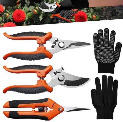 WANDGU Bypass Gartenschere Set: 3 Stück Professionelles Gartenscheren Set mit Gartenhandschuhen, Scharfe Rosenschere aus Edelstahl, Gartenschere für Pflanzen, Blumen, Bonsai, Obst, Baumzweige (Orange)