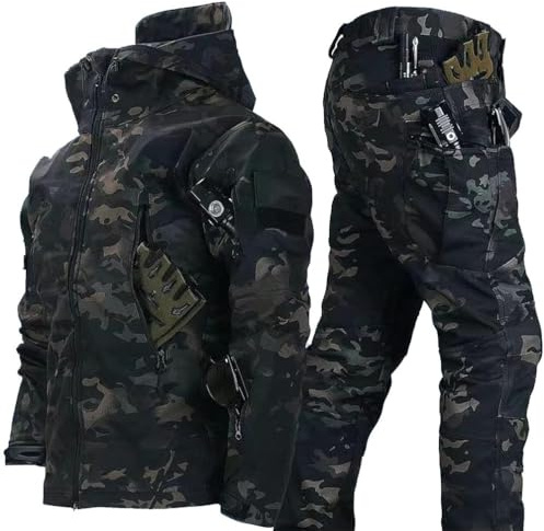RVUEM Black camo,XL, 2025 Neue MilitäRische Softshell AnzüGe, Armee KampfanzüGe, Herren Winter SkianzüGe Mit Kapuze, Taktische Jacke Und Hose, Zum Wandern, Klettern, Outdoor Sport