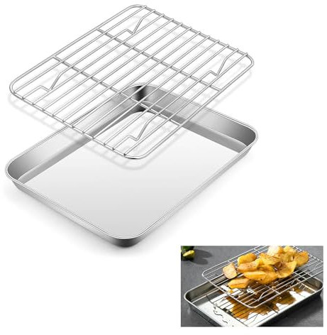 Bandeja de Horno con Rejilla de Enfriamiento 26x20,5x2,5cm Bandeja para Horno con Rejilla de Cocina, Bandeja Acero Inoxidable, Bandejas Rectangulares de Horno, Rejilla de Alambre para Hornear, Freír