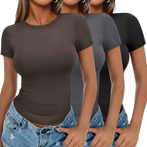 Ekouaer Damen T-Shirts 1&3 Pack Basic Top Set Oberteil Kurzarm Unterhemd | Slim Fit, Rundhals, eng anliegend, figurbetont&stretchy, Sommer-Outfit, vielseitig kombinierbar, Crop Top, XS-2XL