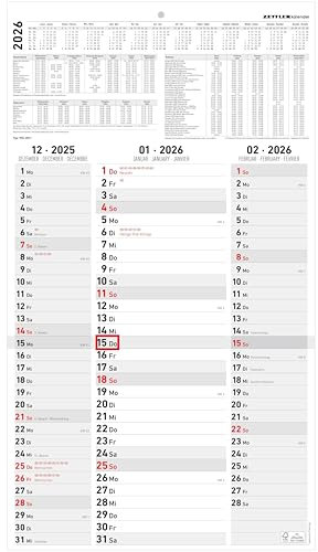 3-Monatskalender Streifenplaner 2026 - Büro-Kalender 33x58,8 cm (geöffnet) - mit Datumsschieber - Zettler - 955-0011