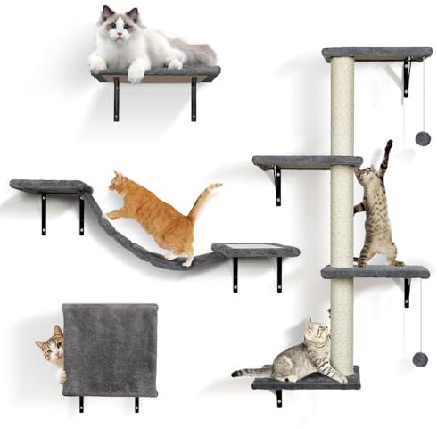Kletterwand Katzen,Masthome 10-Teiliges Katzen Kletterwand Set,Katzen Wandelemente, Große Kratzbaum Wand,Hängebrücke, Kratzsäulen mit Sisal,Ruhe und Spielwandregal mit Spurenkugel, bis 10 kg