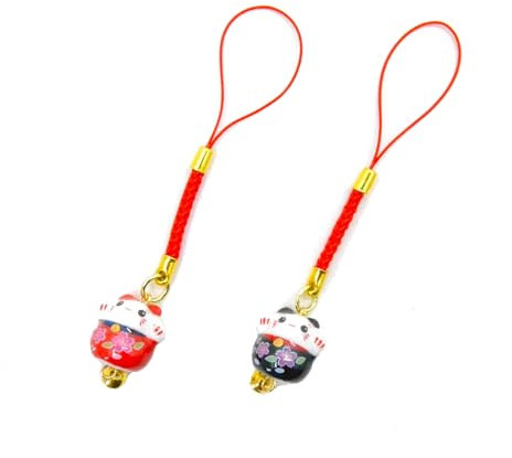 WONDERFUL Lot de 2 porte-clés Maneki-Neko, chat porte-bonheur japonais, céramique avec grelot, corde multicolore, argent, S