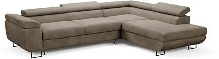 Sofello Eckcouch Octavio Ecksofa Couch mit Schlaffunktion Liegefläche: 195 x 123 cm Bettkasten Samt Verstellbare Kopfteil HELLGRAU hydrophobes Gewebe (Poso 03 - beige)