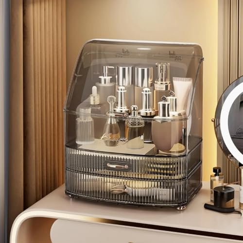 Clear Makeup Organizer Countertop with Drawers and Lid, Dustproof Organizers and Storage for Bathroom Vanity, Ideal for Cosmetic, Beauty Supplies -Black