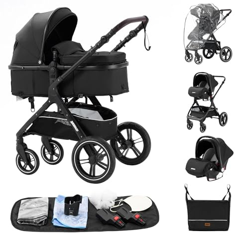 ALYIKOU kinderwagen 3 in 1 Zusammenklappbarer Kinderwagen KombiKinderwagen Aluminiumrahmen für Neugeborene Große Räder Babykorb (3 in 1 X1 Schwarz)