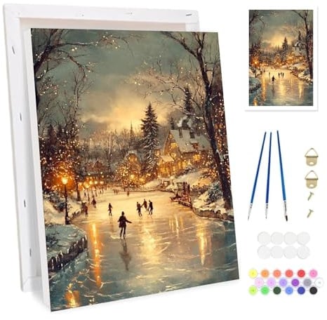 Bowetile Winterdorf Malen nach Zahlen für Erwachsene mit Rahmen, DIY Zahlenmalerei Set für Anfänger Leinwand Kit, Gemälde Bastelset auf Leinwand mit Pinseln und Acrylpigment für Home Decor 20x30cm