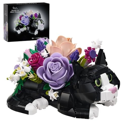 Tuxedo Cat Rose Bouquet Succulent Planter Building Blocks,Botanicals Flower | Tuxedo Cat Flowers Pot,Christmas Creative Plants and Animals Decoration Rose Blocks Toys,Gifts for Girls,Women Adults(824PCS)