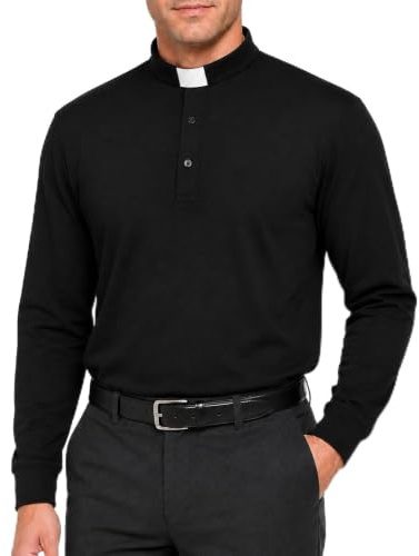 Men's Clergy Polo Shirt Long Sleeve Tab Collar Priest Pastor Minister | 70% Cotton Clergy Polo Shirt with Removable Tab Collar for Priests Pastors Ministers Church Services