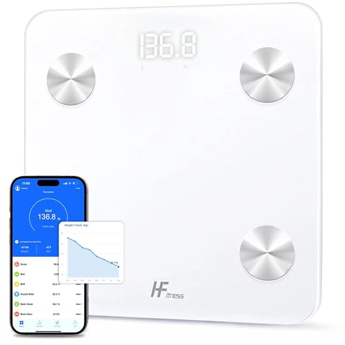 HomeFashion HFitness Smart Bathroom Scales for Body Weight, Bluetooth Body Fat Scale with 19 Body Composition Metrics, Digital Weighing Scale, BMI, Muscle Mass, Bone Mass, iOS & Android App White