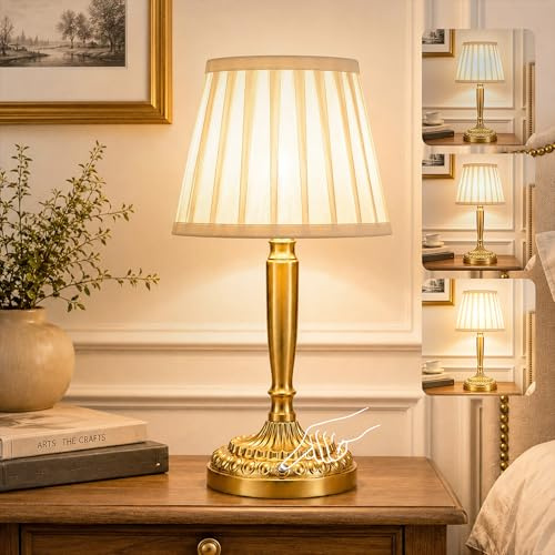 Vintage Rechargeable Table Lamp, Baterry Lamp, Fabric Touch Lamps Bedside | Cordless, No-Electrician Install, Rechargeable Battery, Touch Control, Stepless Dimming, USB Charging, Bedroom, Living Room