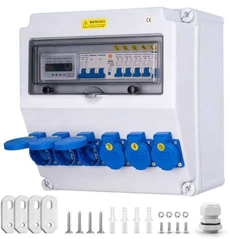 TRWUDRFA Coffret Électrique de Chantier - Distributeur électrique étanche IP65 avec disjoncteur und Stromzähler - 250 V/16 A Répartiteur Mural - Distributeur électrique à courant fort pour l'extérieur