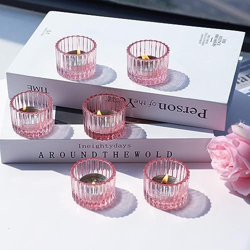 Vohocandle Rosa Teelichthalter Glas für Geburtstagsgeschenke für Mädchen, 12 Stück Teelichtgläser für Tischdekorationen, Kleine Teelichtglas für Votivkerzen und Teelichter (5 cm × 3,5 cm, Rosa)