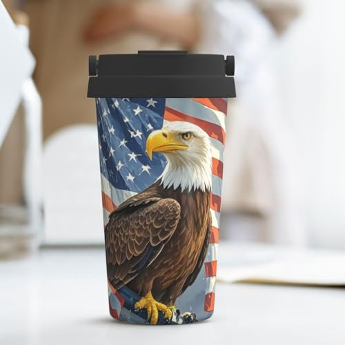 PAQOLSMCKR Gobelet isotherme en acier inoxydable avec couvercle - Motif drapeau américain et aigle - Réutilisable - Double paroi - Pour le café