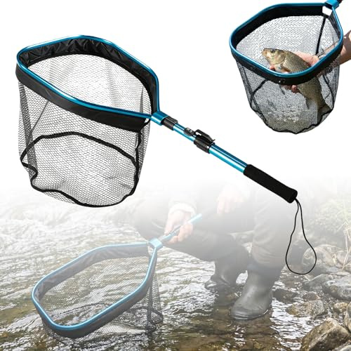 Kescher Angeln, AngelKescher, Schwimmender Fischkescher Faltbar mit Teleskopstangengriff Robustes Fischernetz für Kajak Bootsangeln Lachs Forelle Wels Bass Einfach Fangen und Freilassen