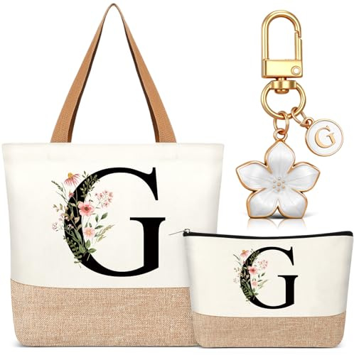 Hestya Set 3 Regalos para Mujer Bolso Tote Personalizado con Inicial Bolsa de Compras de Lona Neceser con Alfabeto Bolso de Maquillaje Llavero con Letra para Amiga Colega Cumpleaños Boda