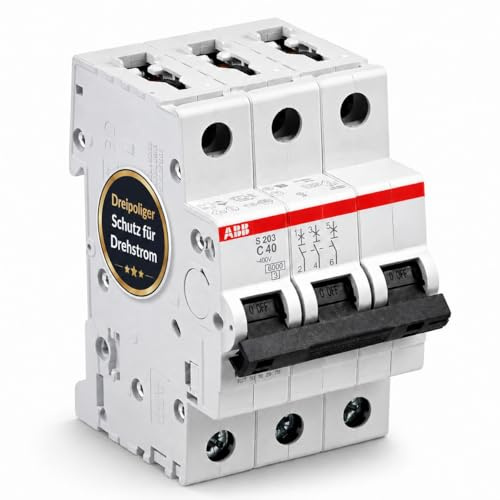ABB S203-C40 Leitungsschutzschalter 3-polig C40A 6kA, Sicherungsautomat Drehstrom 400V, LS-Schalter für Hutschiene, Leitungsschutzschalter 40A, System pro M compact, DIN EN 60898-1