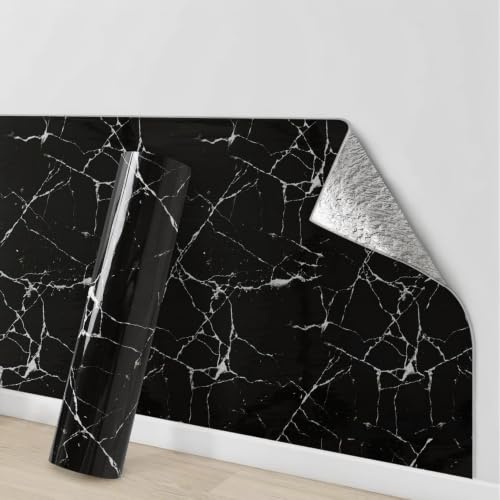 Snewvie Self Adhesive Wallpaper Black Marble Peel and Stick Wallpaper 3m*40cm 2.3mm Thicken Waterproof Thermal Insulating Wall Covering for Bathroom Kitchen Bedroom Living Room (4 Rolls)