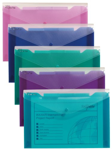 Snopake Foolscap Polyfile Trio [Pack of 5] 3-Part Popper Wallet with Removable Index Tabs and Press Stud Closure [Electra Assorted] 14967