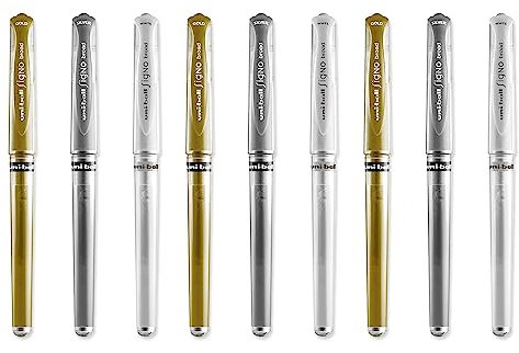 Uni Ball Farblich Sortiert, Metallic, Breite Signo Gel-Tintenroller, 1,0 mm Spitze, Spitze 0,3 mm Strichbreite mit Gummimanschette UM 153-3 Stück Je Farbe: Gold, Silber, Weiss, 9 Stück)