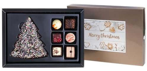 CHOCOLISSIMO - Weihnachtspralinen - Schokolade Geschenk Weihnachten - 6 Pralinen und 1 Weihnachtsbaum Zartbitter - Weihnachtsschokolade, Nikolaus Geschenke Frauen, Männer, Xmas ChocoPostcard Midi Gold