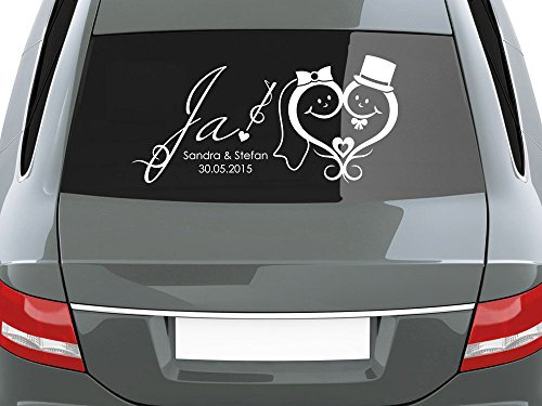 GRAZDesign Autoaufkleber Hochzeit Brautpaar JA - Personalisierte Hochzeitsaufkleber mit Namen und Datum - Nr. 9 Just married mit Namen in weiß