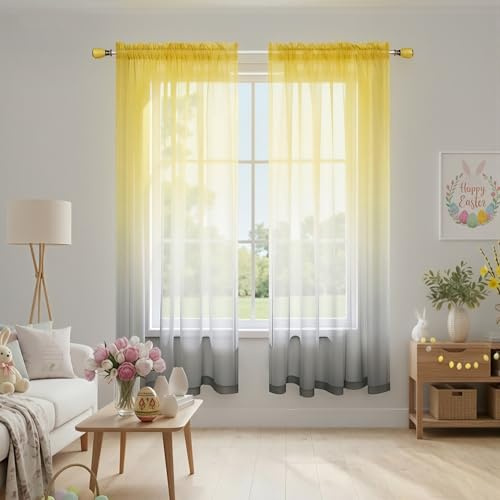 KOUFALL Yellow and Grey Sheer Curtains 63 Inch Length, Spring Window Curtains for Bedroom Kitchen Decor 2 Panels Set, Bright Yellow and Light Gray