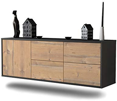 Lowboard Denver hängend (136x47x35cm) Korpus anthrazit matt - Front Holz-Design Pinie - Push to Open - hochwertige Leichtlaufschienen