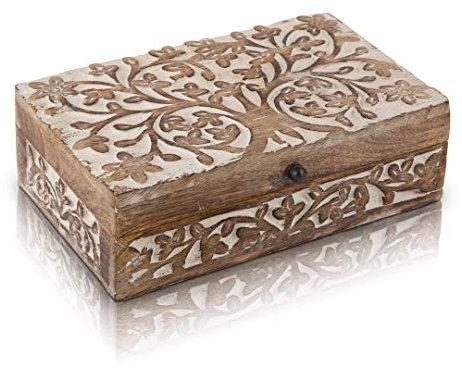 Tolles Geburtstagsgeschenk, handgefertigt, dekoratives Schmuckkästchen Holz, Baum des Lebens, geschnitzt, Schmuck, Organizer, Andenken, Schatztruhe, Schmuckhalter, Uhrenbox, Aufbewahrungsbox (White)