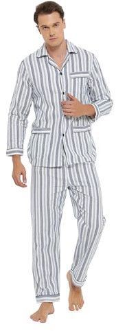 GLOBAL Mens Pyjama Sets | 100% Cotton Soft Flannel Pjs | Long-Sleeve Top Elastic and Drawstring Bottoms