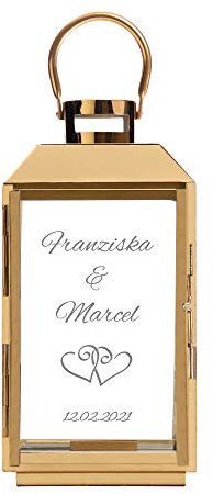 Casa Vivente Laterne aus goldfarbenen Edelstahl mit Gravur zur Hochzeit, Personalisiert mit Namen und Datum, Motiv Herzen, Geschenkidee für Paare