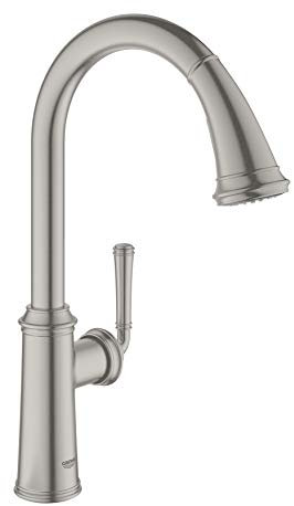 GROHE Gloucester – Kitchen Sink Pull-Out Dual Spray Mixer Tap (High C-spout, 28 mm Ceramic Cartridge, 360° Swivel Range, Tails 3/8 Inch), Size 434 mm, Quick Mount Included, Stainless Steel, 30422DC0