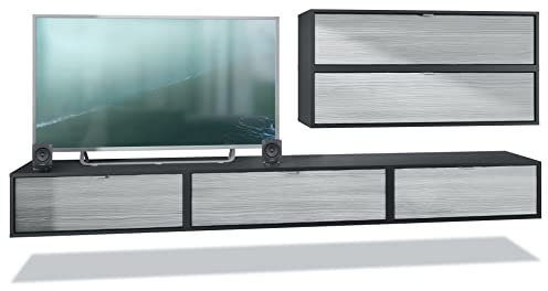 Vladon Wohnwand Lana V2 Anbauwand aus 5 Hängeelementen mit 12 Fächern, Made in Germany, Korpus in Schwarz matt, Fronten in Avola-Anthrazit | Große Farbauswahl