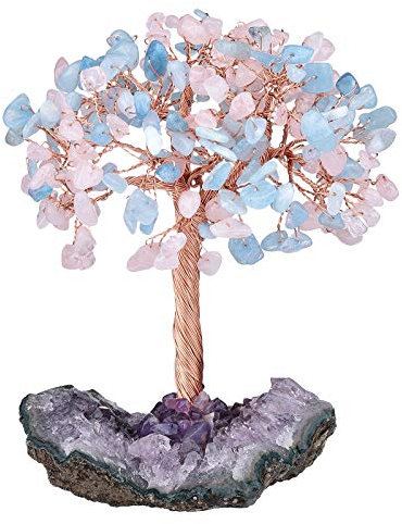 KYEYGWO Rosenquarz & Aquamarine Reiki Heilung Kristallbaum auf Natürlichen Amethyst Drusensegment Rohstück Base, Stein Geldbaum Feng Shui Bonsai Baum Figuren Ornament Haus Deko für Glück, Reichtum