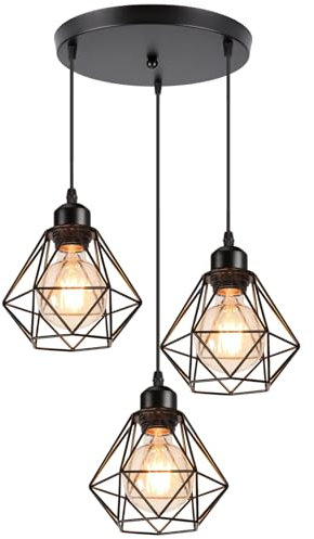 PETITES ECREVISSES Lampara Colgante E27 Vintage Industrial Lámpara de Techo Colgante Negro Retro 3 Luces Iluminación Para Cocina Comedor Sala de estar (16cm- con base redonda)
