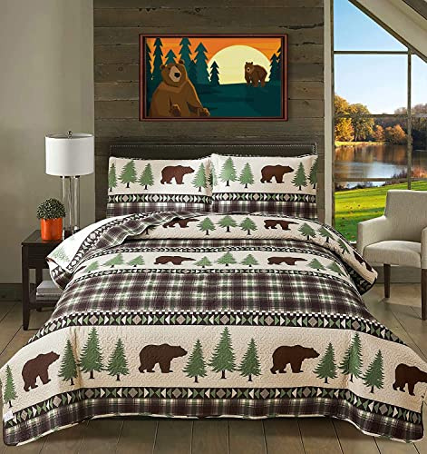 CHESITY Lodge Bettwäsche-Set für Doppel-/Queen-Size-Bett, rustikales Steppdecken-Set, Kiefernbaum, Elch, Bär, Tagesdecke, Decke mit Kissenbezug, weich, wendbar, 1 Steppdecke, 2 Kissenbezüge