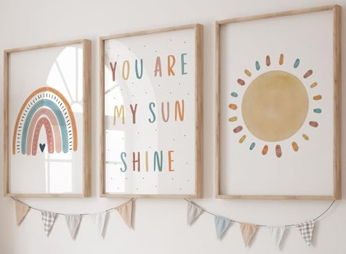 Eviepops Prints You Are My Sunshine Set aus 3 Dekor im Regenbogenstil, Ungerahmter Druck, Kinderzimmer-Wandkunst, Kinderreim-Songtexte, Dekor im Babyzimmer, Spielzimmer-Poster, Sonnenschein (A3)