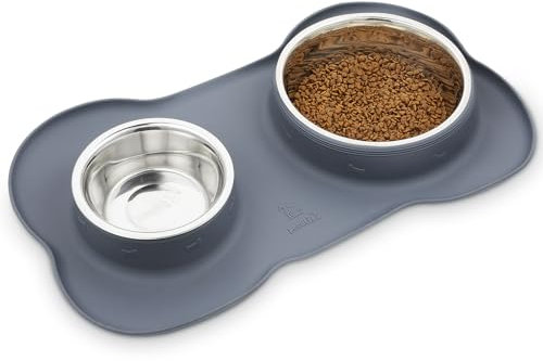 pecute Dog Bowls Non Slip, Stainless Steel Double Bowls Set with Non-Spill Silicone Mats Tray for Medium Large Dogs Water & Food Feeding Dishes(26 + 52 Ounce, Grey)