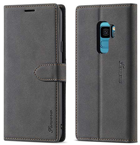 LOLFZ Hülle für Samsung Galaxy S9, Premium PU Leder Handyhülle mit Kartenfach Ständer Magnetische Schutzhülle Kompatibel mit Galaxy S9 - Schwarz