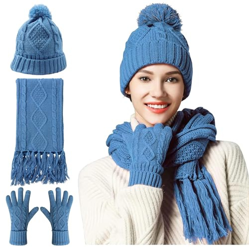 OROOTL Mütze, Schal & Handschuh Sets für Damen Winter, Touchscreen-Handschuhe Bommelmütze Handschuh Gestrickt Beanie Schnee Hut Warme Winterset 3 IN 1 für Mädchen, Frauen