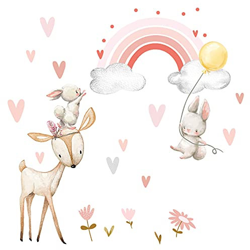 Little Deco Wandtattoo Wandsticker Kinderzimmer REH Hasen I Wandbild 160 x 108 cm (BxH) I Regenbogen Wandaufkleber Blumen Spielzimmer Mädchenzimmer Baby Deko DL715