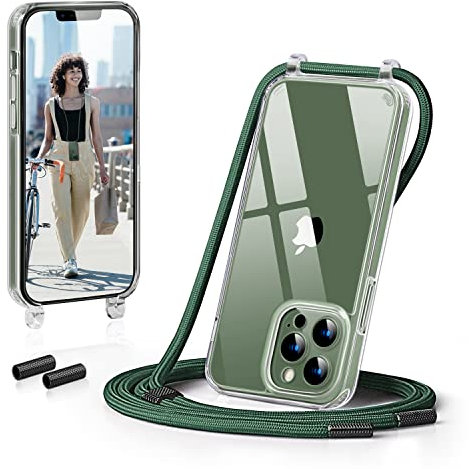 GOODVISH Handykette Kompatibel mit Apple iPhone 13 Pro 6,1 Display, Necklace Hülle mit Band Handyhülle für zum Umhängen, Transparent Case mit Schnur Kameraschutz und Bildschirmschutz, Dunkelgrün