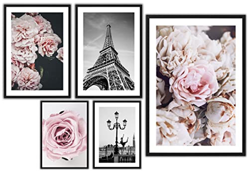 ag.art deco Premium Rose Love Poster Set | 5 Moderne Wandbilder | Rosa Bilder Wohnzimmer | Deko Schlafzimmer Blumen Bilderwand Paris Eiffelturm | Schwarz weiß, Rosa | ohne Rahmen