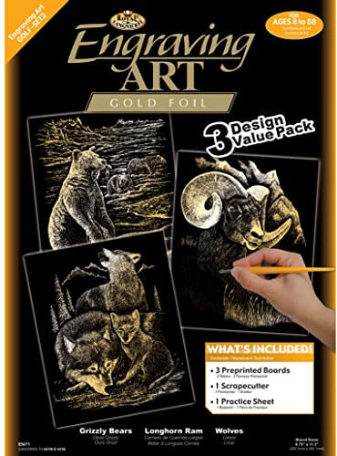 Royal & Langnickel - Kratzbilder Set Wildtiere, Gold, 3 Bilder, Bären, Steinbock, Wölfe, Kratzbilder für Kinder und Erwachsene, mit Kratzstift und Vorlagen